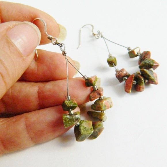 Unakite Sterling Silver & Steel Cable Earrings - Picture 4 of 5